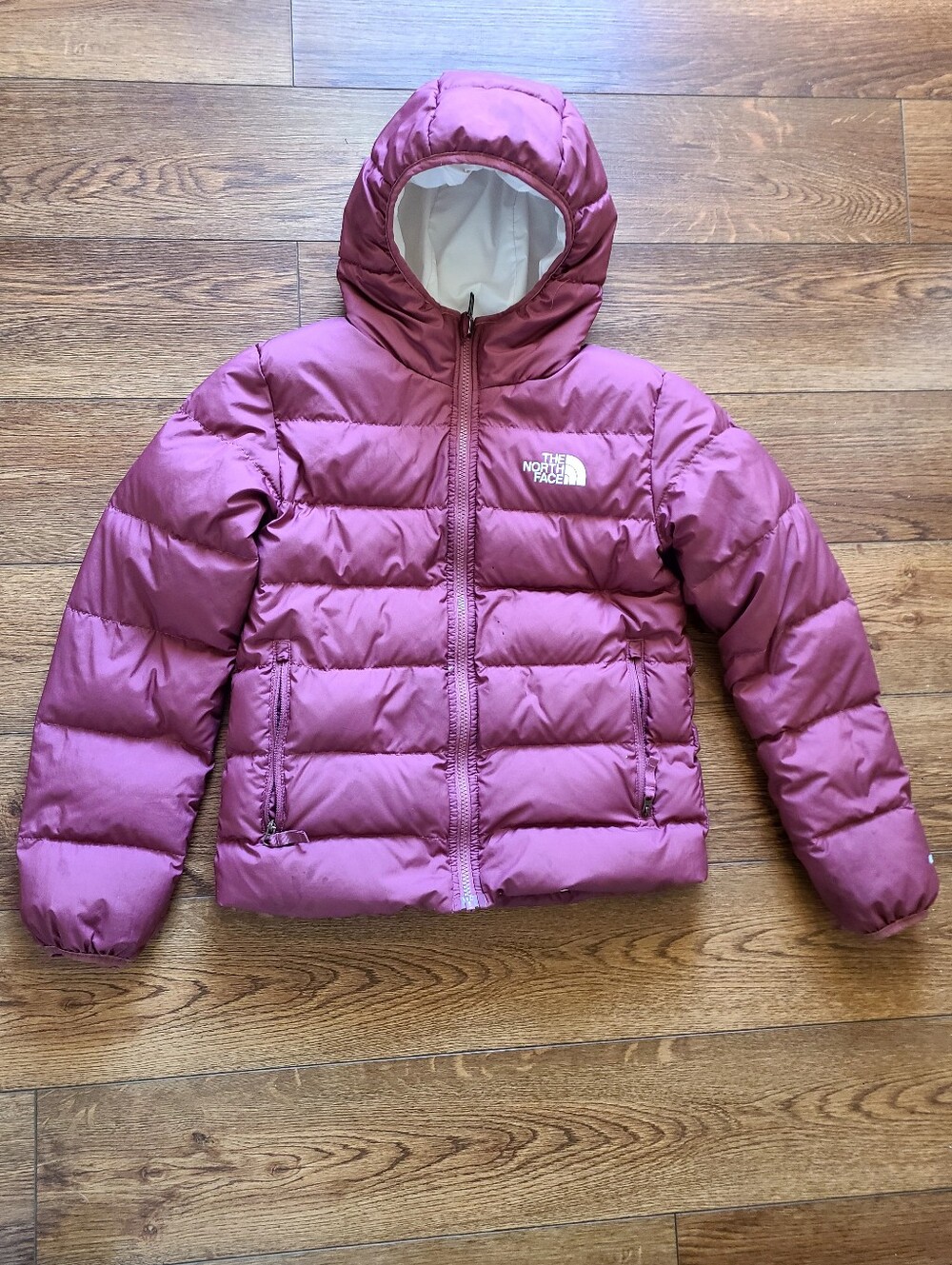 The North Face Girls Reversible Hooded Puffer Jacket Size L 12 Purple